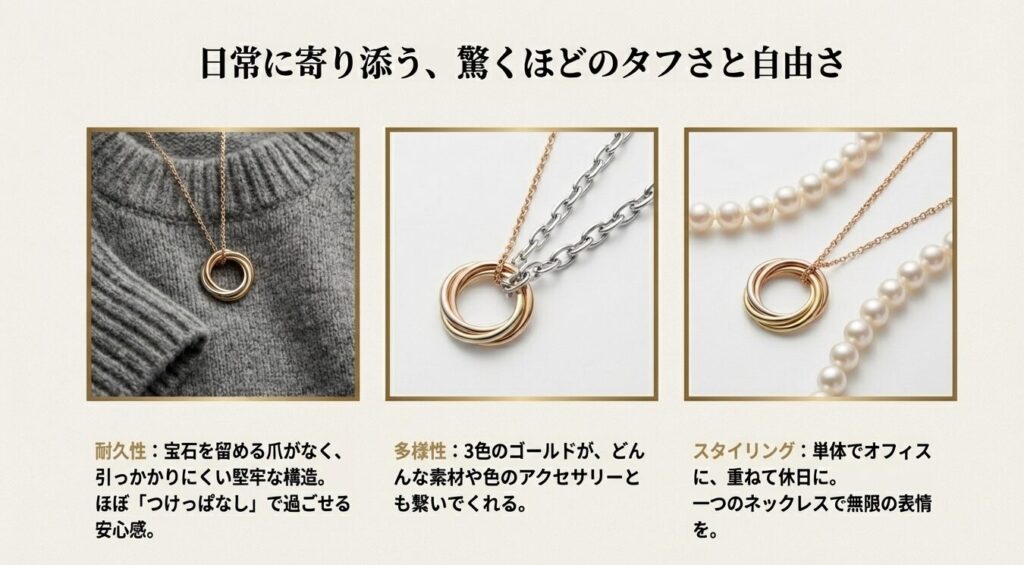爪のない堅牢な構造による耐久性と、3色のゴールドを活かした他のアクセサリーとの自由な重ね付けを提案するスライド