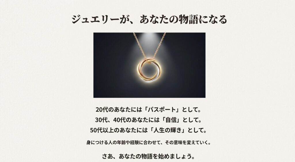 各年代ごとのトリニティの意味（パスポート、自信、人生の輝き）を総括し、新しい物語の始まりを促すまとめのスライド