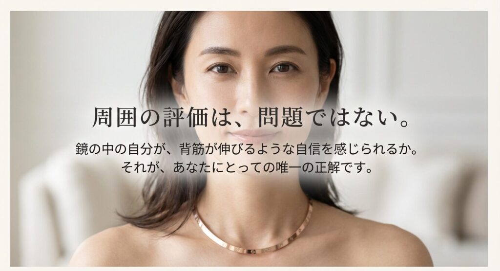 周囲の評価ではなく、鏡の中の自分が自信を感じられるかが重要。カルティエ ラブネックレスを身につけることで得られる背筋が伸びるような感覚。