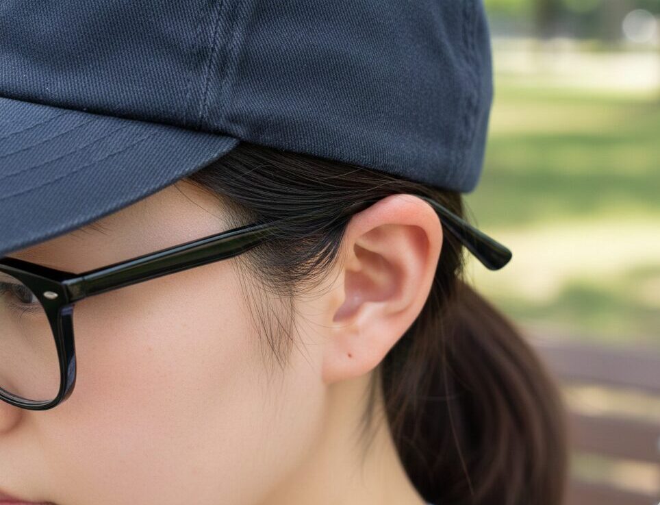 キャップとメガネによる耳の裏とこめかみの圧迫