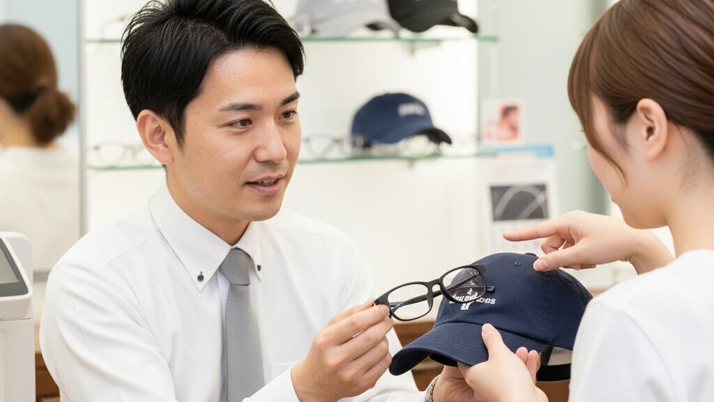眼鏡店の店員に帽子と眼鏡を渡して相談している様子