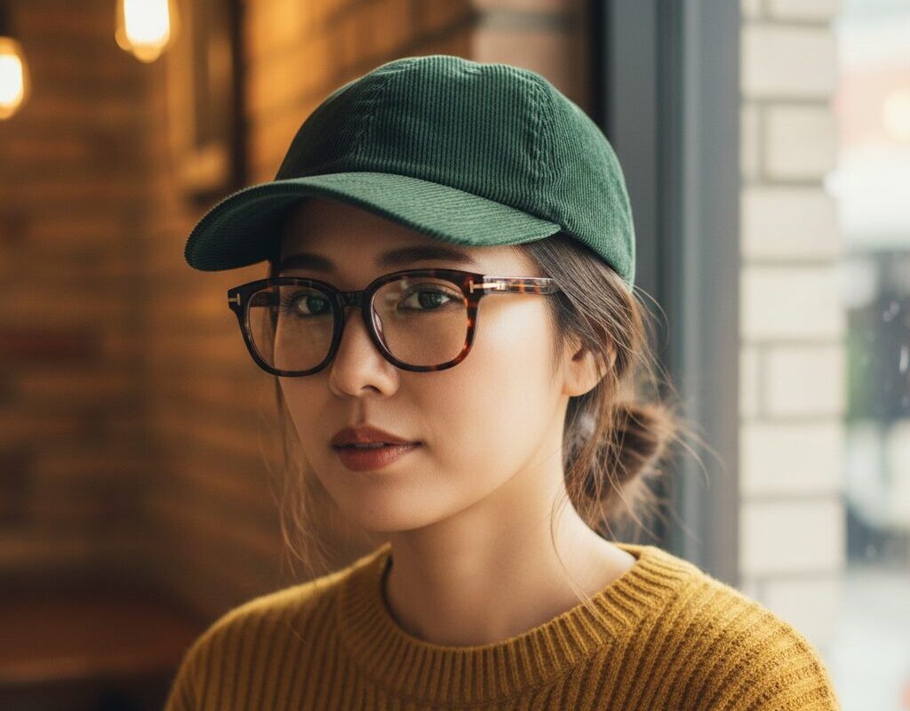 秋冬素材のキャップ（コーデュロイなど）とべっ甲柄の太いフレームメガネを合わせた統一感のあるコーディネート