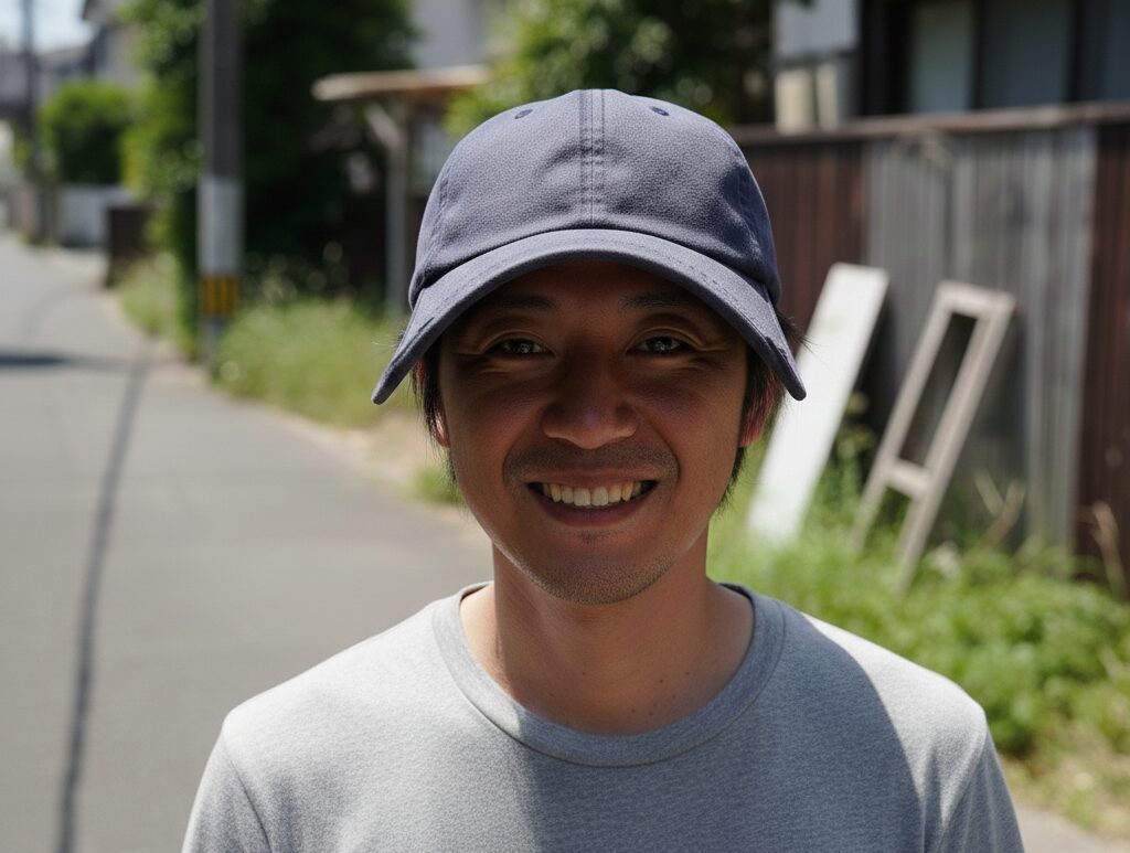 ツバを極端に曲げすぎて野球少年のように見える男性