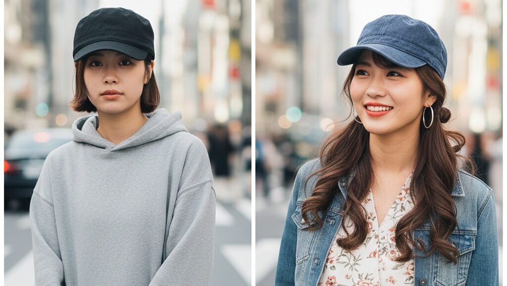 無地のキャップをボーイッシュになりすぎずに着こなす大人の女性の比較。アクセサリーとヘアアレンジで女性らしさを足し算したOK例。