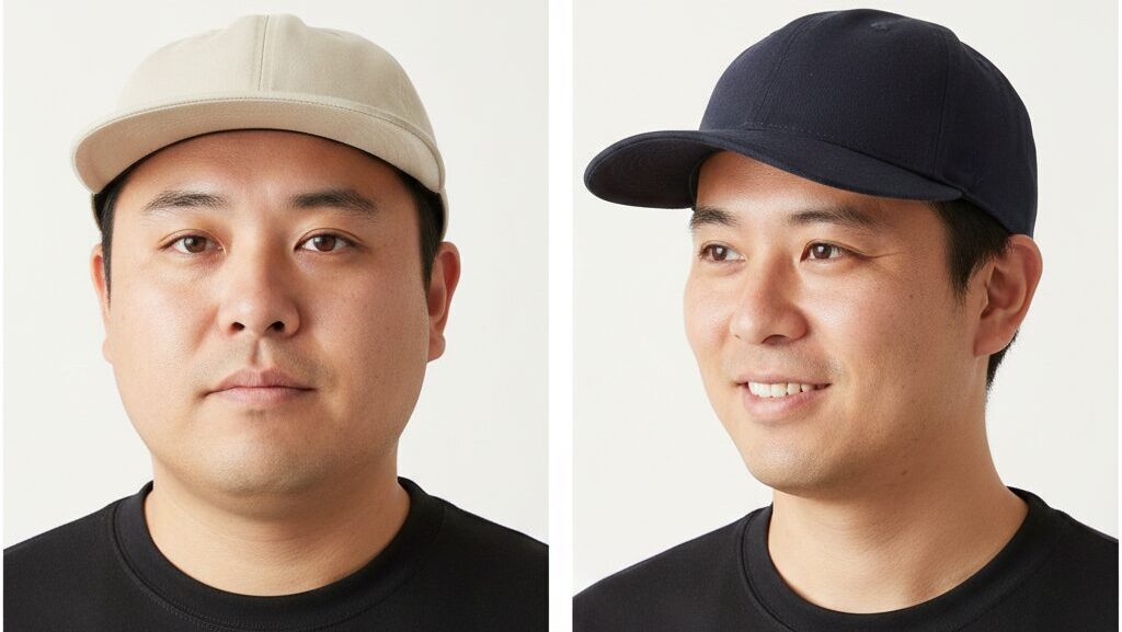 キャップのツバの幅とクラウンの深さが顔の大きさに与える影響を比較した図解