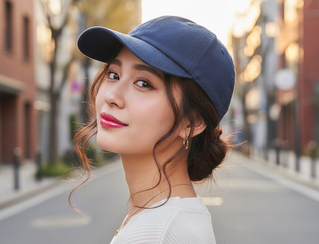 ャップ着用時に「後れ毛」を残し、低い位置で髪を結んで女性らしさと清潔感を出すヘアアレンジのコーディネート例