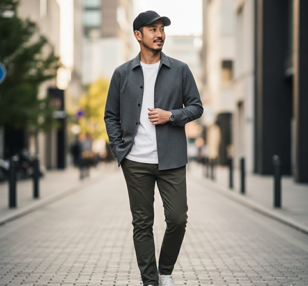 大人の余裕を感じさせる、質の良い無地の黒いキャップと、きれいめなアウターを組み合わせた洗練されたメンズカジュアルコーディネート