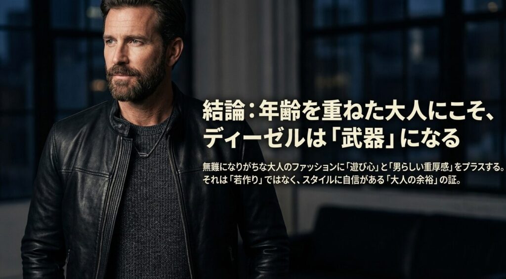 40代以上の無難になりがちな服装にディーゼルで男らしい重厚感を加えるメリットの解説スライド
