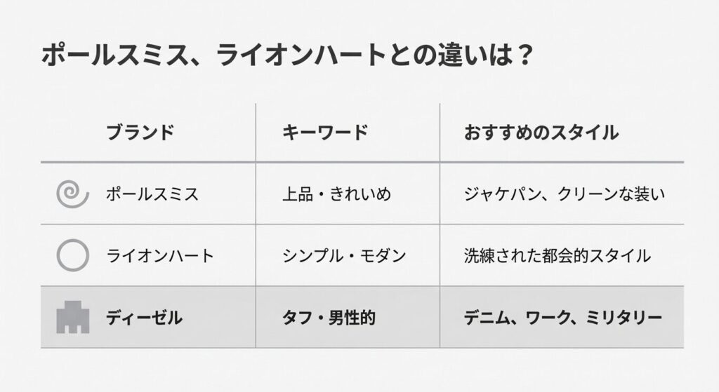 ディーゼル、ポールスミス、ライオンハートのデザイン傾向とおすすめスタイルの比較図