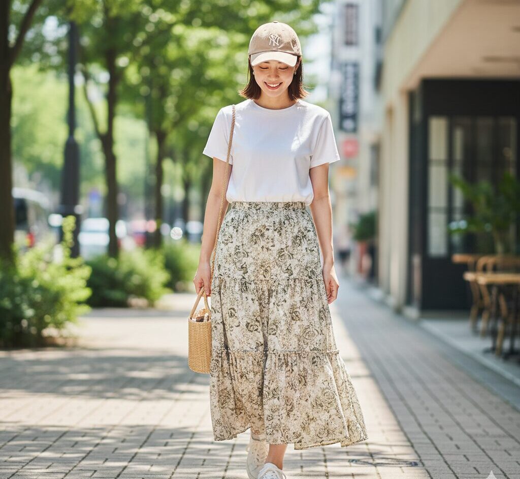 ウォッシュドコットン素材のベージュの9TWENTYキャップと、フェミニンなロングスカートを合わせた、柔らかい雰囲気のレディースコーディネート。