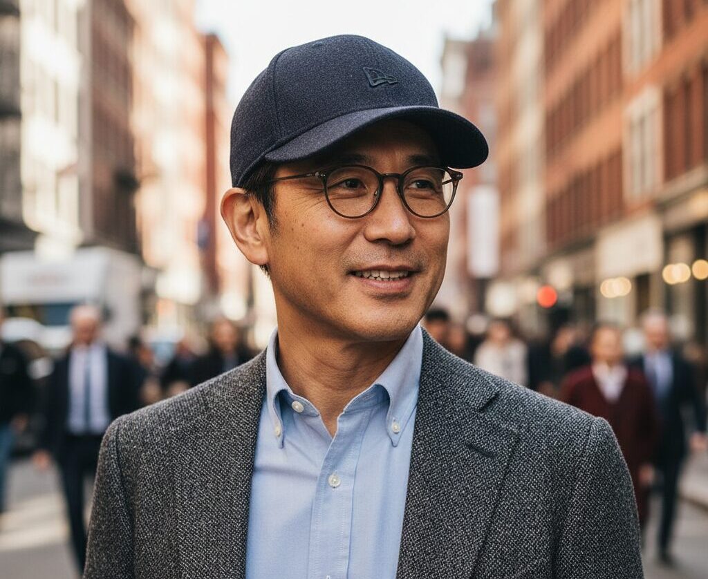 ネイビーの同色ロゴ・ミニロゴのニューエラキャップをツイードジャケットに合わせ、大人の渋みと洗練された印象を演出している40代日本人男性。