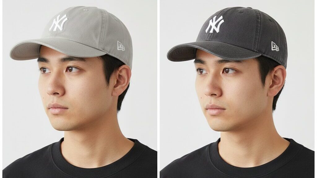 9TWENTY（浅め）と9THIRTY（深め）のニューエラキャップをアジア人モデルが並んで着用し、帽体の深さの違いを視覚的に比較している図。