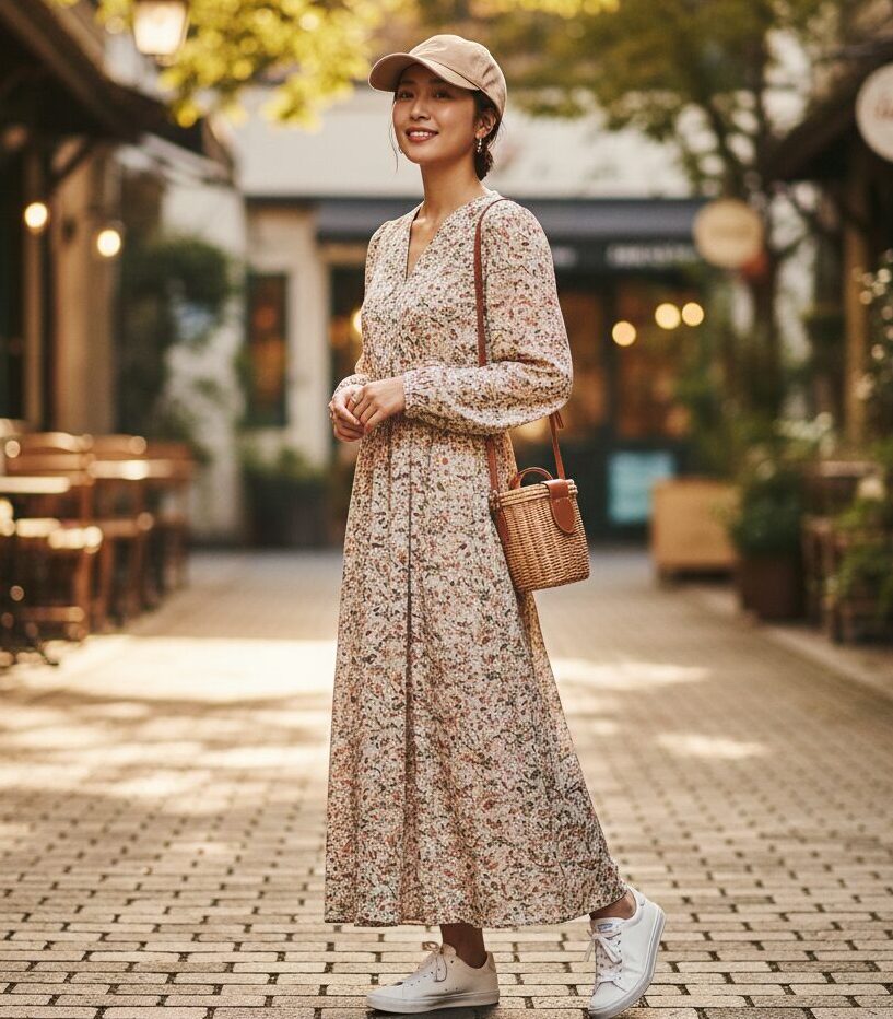 花柄のロングワンピースにニュートラルカラーのニューエラキャップを合わせ、スニーカーで外した甘辛ミックスの大人の休日コーディネート