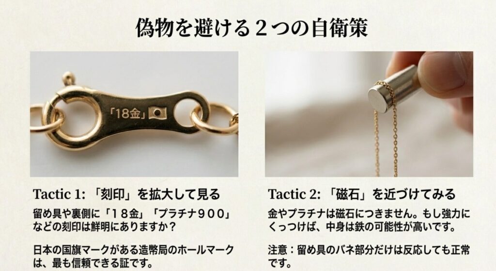 18金やプラチナの刻印（ホールマーク）を確認する方法と、磁石を使って鉄製（偽物）かどうかを判別する具体的な2つの自衛策を示した写真付き解説。