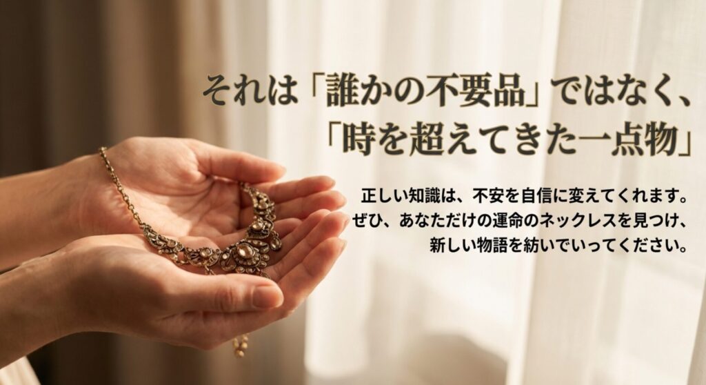 正しい知識を持つことで、中古ネックレスは「誰かの不要品」から「あなただけの物語を紡ぐ一点物」に変わるという、記事の結論と読者へのメッセージ。