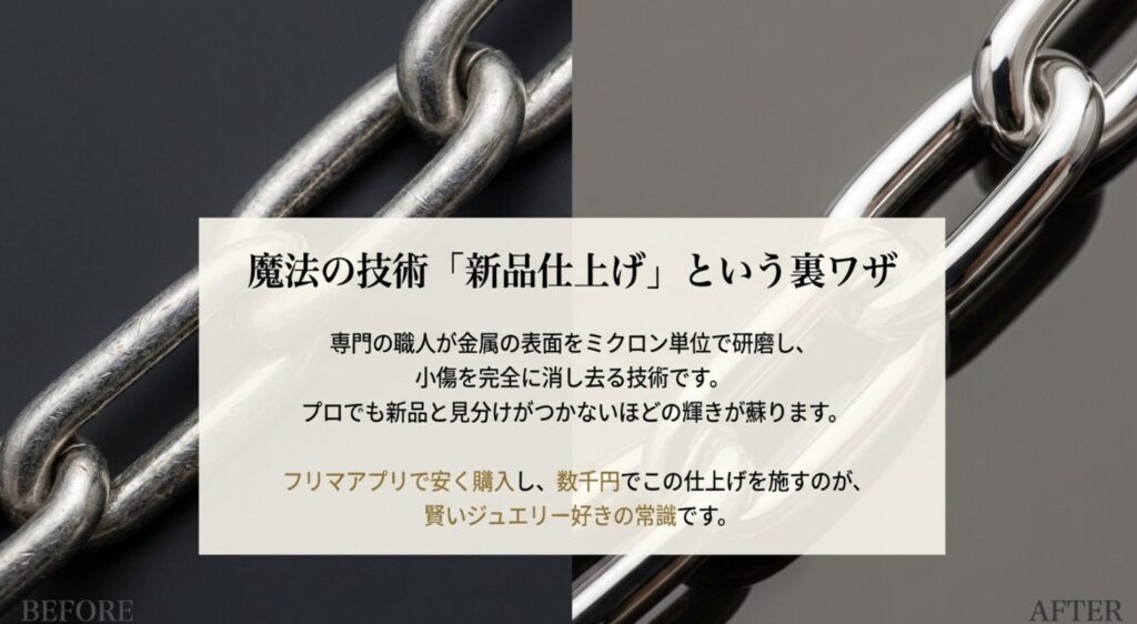 専門の職人が金属表面を研磨し小傷を消し去る「新品仕上げ」の解説。フリマアプリで購入した後に数千円で輝きを取り戻す賢い活用法についての説明