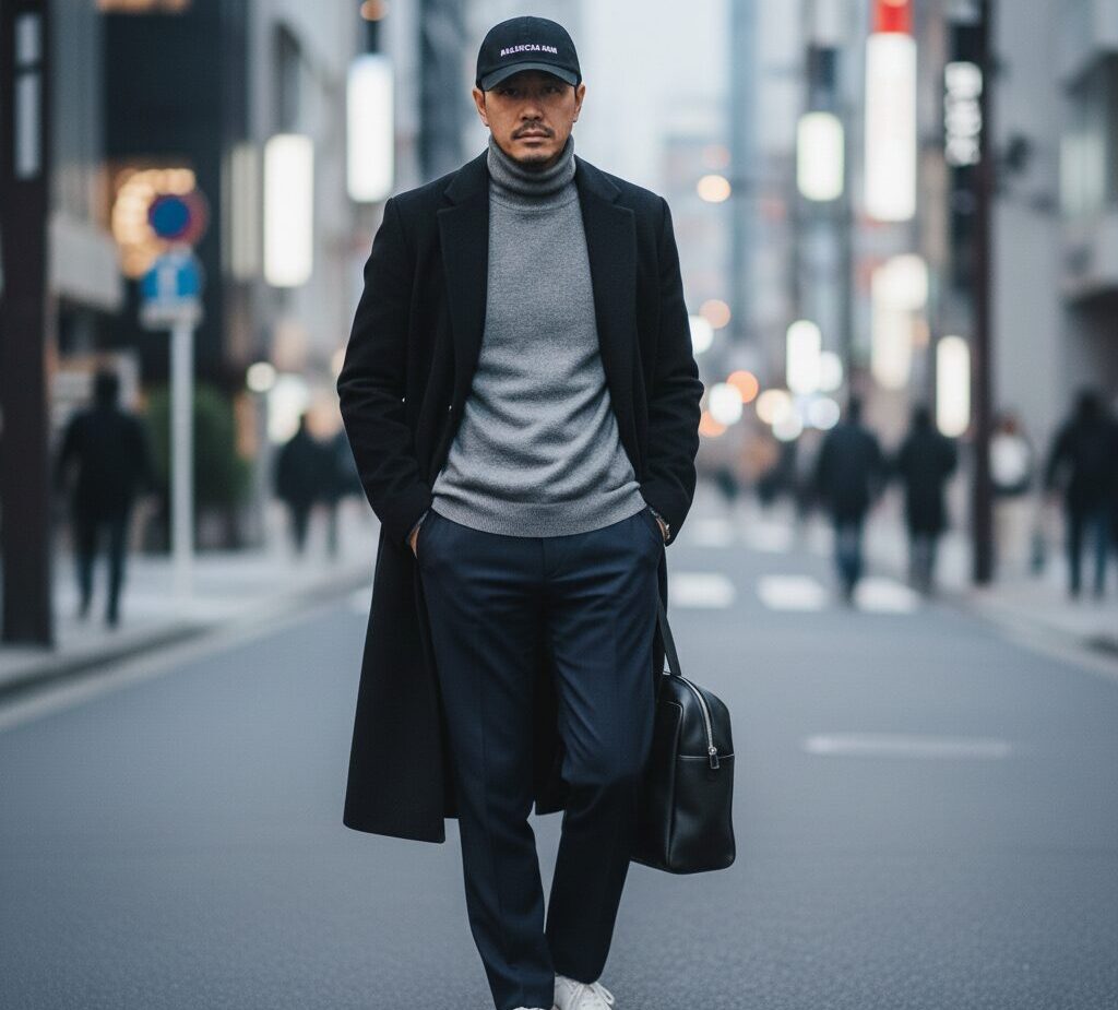 40代男性のミニマルな冬の着こなし。上質なタートルネックニットにバレンシアガのキャップを目深に被り、ロゴに頼らない大人の引き算コーデ
