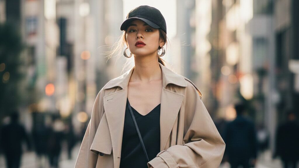 キャップを顔が隠れるほど目深に被り、小顔効果とミステリアスなモード感を演出する女性のスタイリング