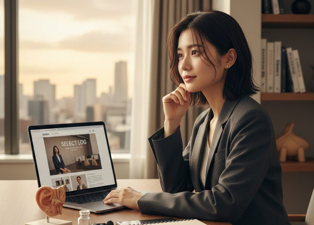 オフィスでノートパソコンを前にピアスについて考えている様子の日本人女性。耳の模型と透明ピアスが手元にある。