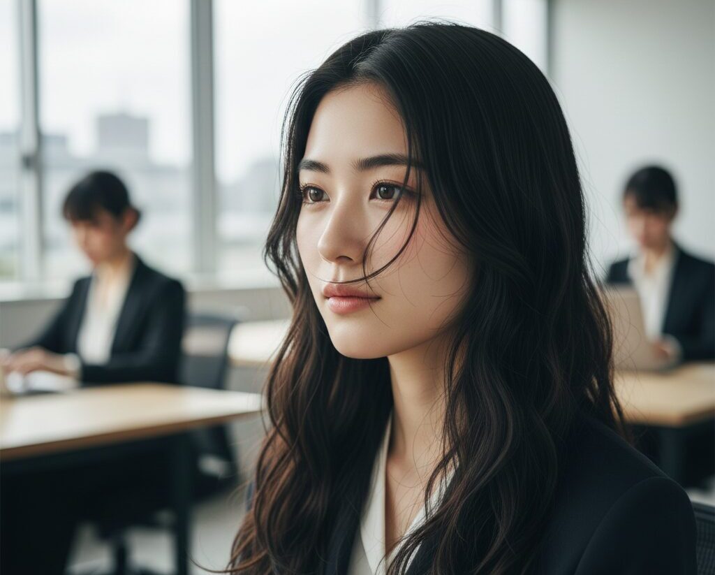 髪でピアスを隠している日本人女性が、オフィスのような場所で真剣な表情をしています