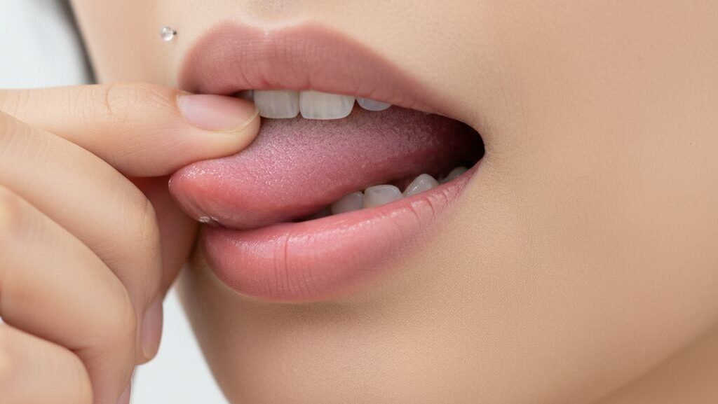 口元のピアスを解説する日本人女性の顔のクローズアップ。舌や歯茎のピアス位置がわかるよう表現されている。