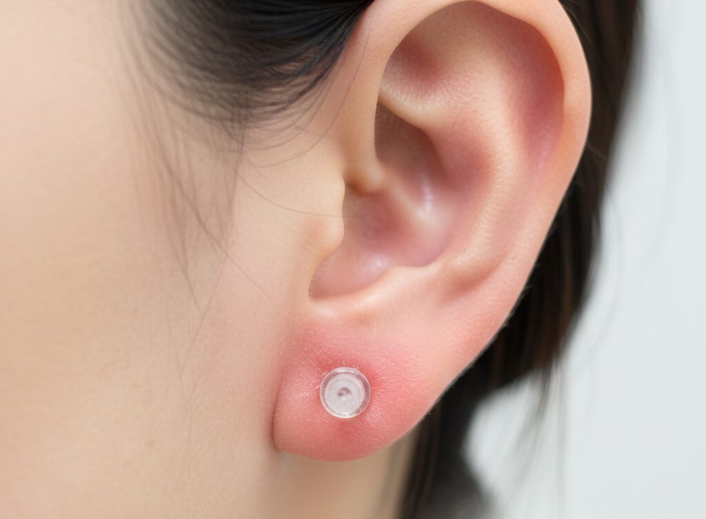 劣化した透明ピアスが耳のホールに入っており、赤く炎症を起こしている様子。粗悪な素材の危険性を示唆する