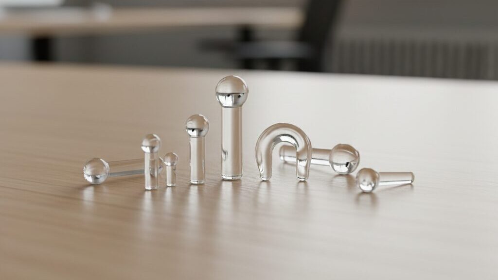 透明で清潔感のあるガラス製のリテーナーピアスがいくつか並べられている。光沢があり高品質感が伝わる。