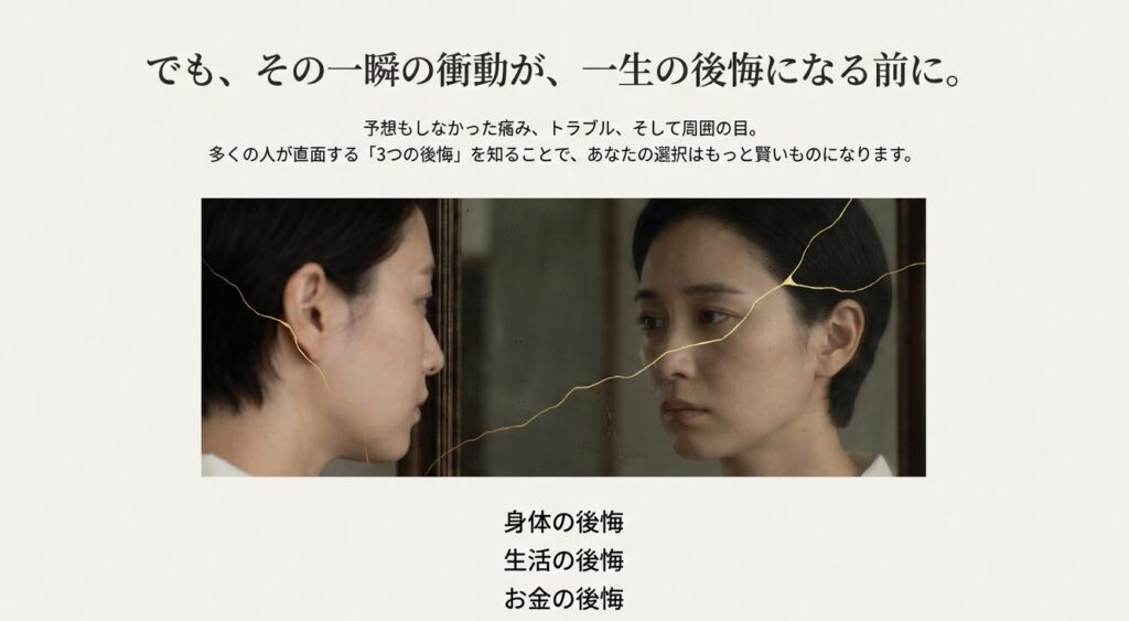 多くの人が直面するピアスの3つの後悔（身体、生活、お金）とひび割れた鏡のイメージ