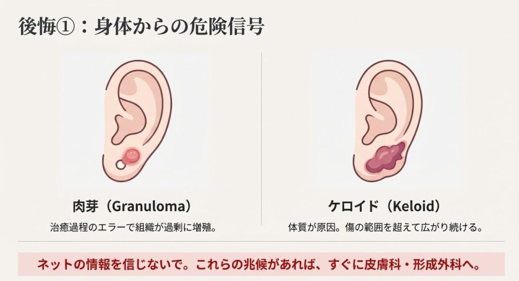 ピアスホール周辺にできる肉芽（肉芽腫）とケロイドの症状イラスト
