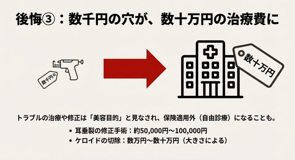安価なピアッサー代に対し、トラブル時の治療費や修正手術が数十万円になるイメージ図