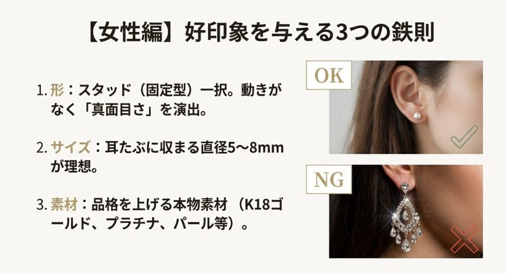 女性の社会人ピアスマナー。OKなスタッドピアスとNGな揺れる派手なピアスの比較画像。