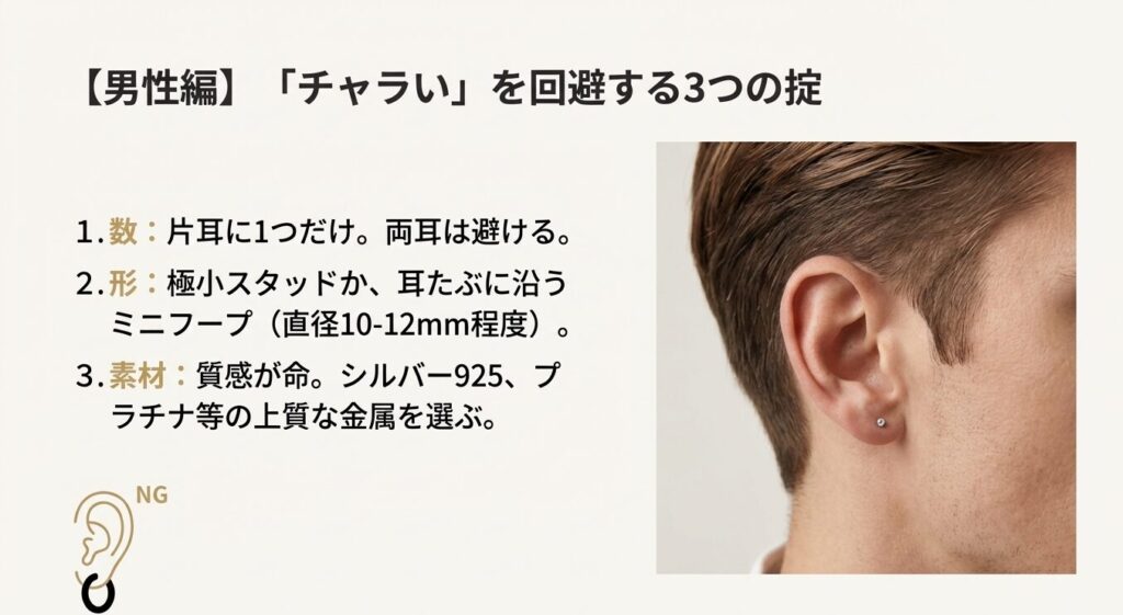 社会人男性がピアスをつける際の3つのルール。数、形、素材の選び方を解説した男性の横顔イメージ。