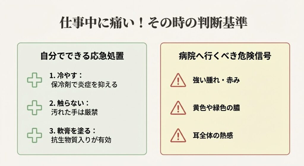 ピアスホールが痛む際の3つの対処法（冷やす、触らない、軟膏）と病院へ行くべき危険信号の解説。