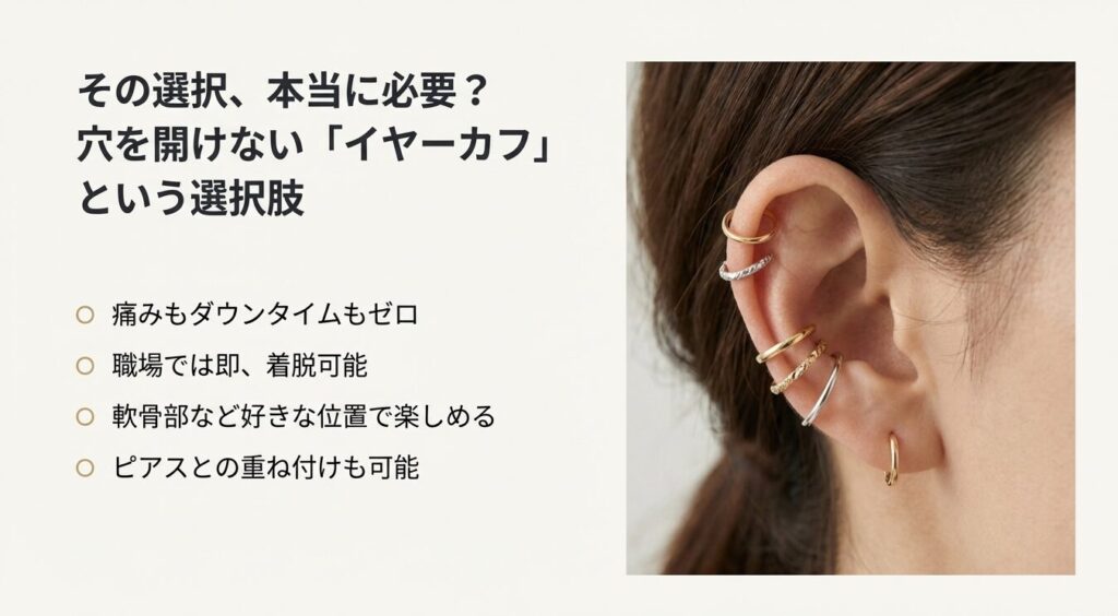 ピアスホールがなくても楽しめるイヤーカフの着用イメージとメリット（痛みゼロ、着脱簡単など）