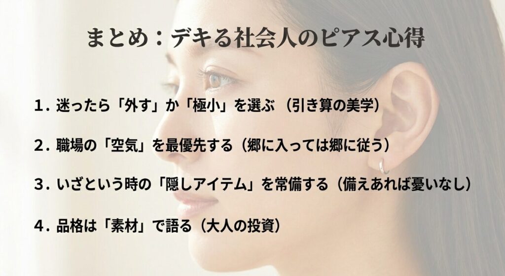 社会人がピアスを楽しむためのまとめ。TPOの判断、隠しアイテムの常備、素材への投資などの重要ポイント