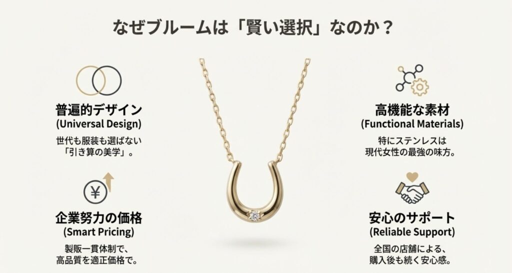 ブルームが選ばれる4つの理由（デザイン・素材・価格・サポート）の要約
