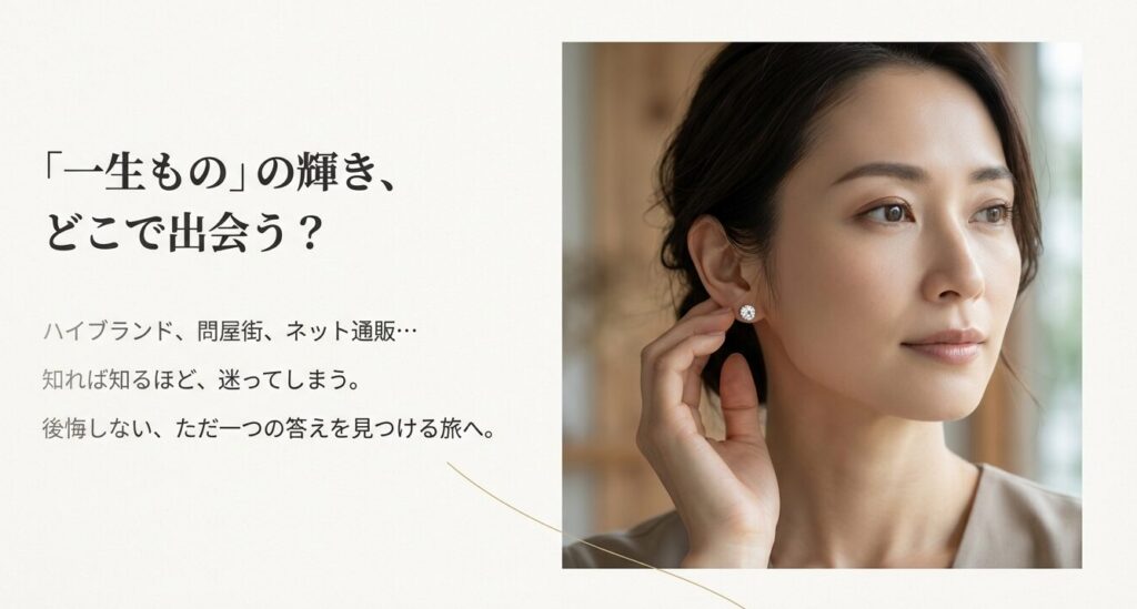 一粒ダイヤピアスを身につけた女性の横顔。「ハイブランド、問屋街、ネット通販」という購入先の選択肢と、後悔しない答えを見つけるというテーマが書かれたスライド。