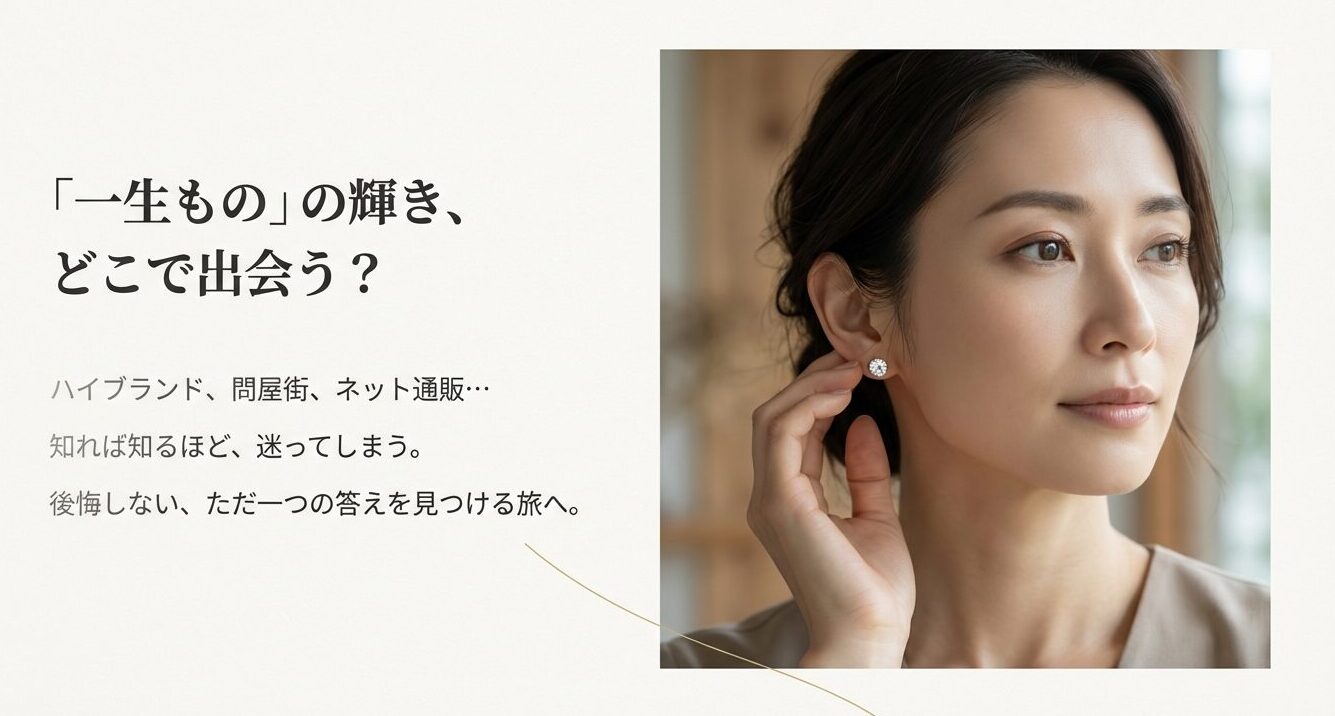 一粒ダイヤピアスを身につけた女性の横顔。「ハイブランド、問屋街、ネット通販」という購入先の選択肢と、後悔しない答えを見つけるというテーマが書かれたスライド。