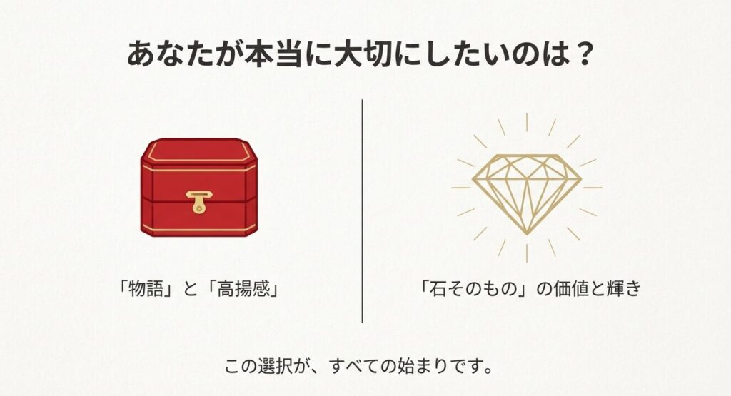 赤いジュエリーボックス（物語と高揚感）とダイヤモンドのイラスト（石そのものの価値）を対比させ、自分が何を大切にしたいかを問うスライド