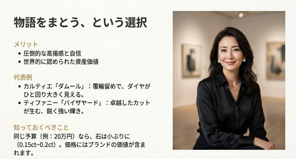 カルティエの「ダムール」とティファニーの「バイザヤード」の特徴、およびハイブランドを選ぶことで得られる高揚感や資産価値について解説したスライド