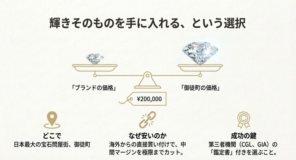 天秤のイラストを用い、ブランド価格20万円と御徒町価格を比較。海外からの直接買い付けで中間マージンをカットする安さの仕組みを解説したスライド