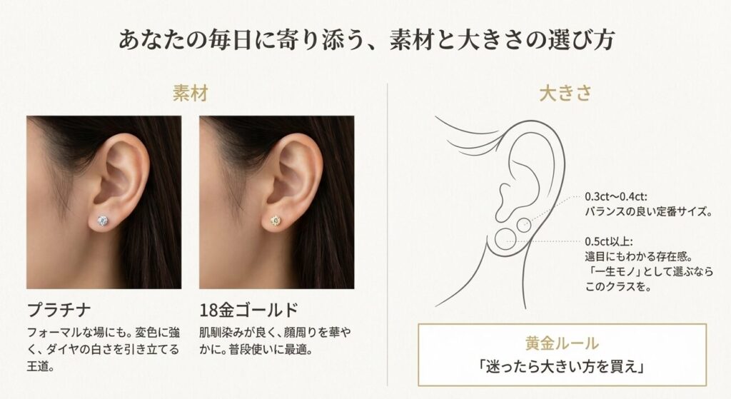 耳たぶに着用した際の0.3ctと0.5ctのダイヤモンドの大きさ比較画像。プラチナと18金ゴールドの素材の特徴や、サイズ選びの黄金ルールについて解説したスライド