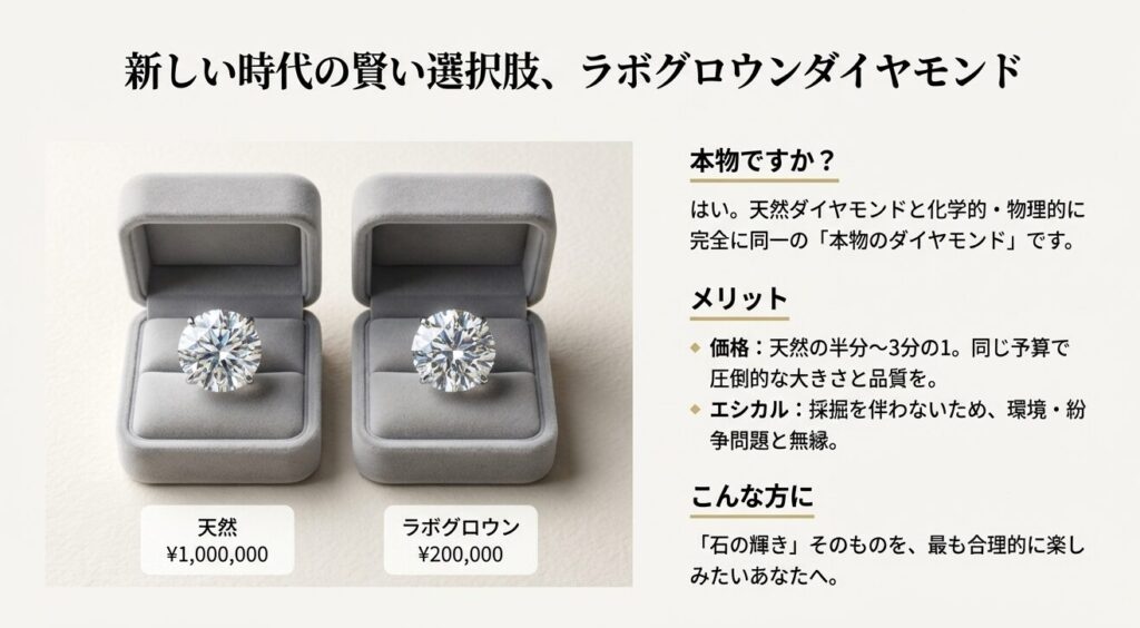 天然ダイヤモンド（100万円）とラボグロウンダイヤモンド（20万円）の価格差を示し、エシカルなメリットや賢い選択肢であることを解説したスライド
