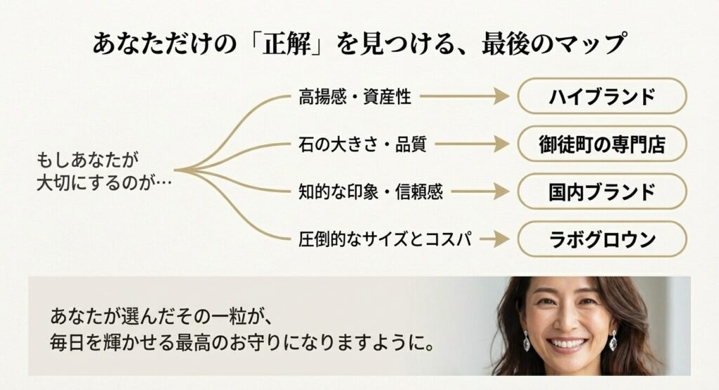高揚感、石の大きさ、信頼感など、重視する価値観に合わせて「ハイブランド」「御徒町」「国内ブランド」「ラボグロウン」のどこを選ぶべきかを示したフローチャート図。