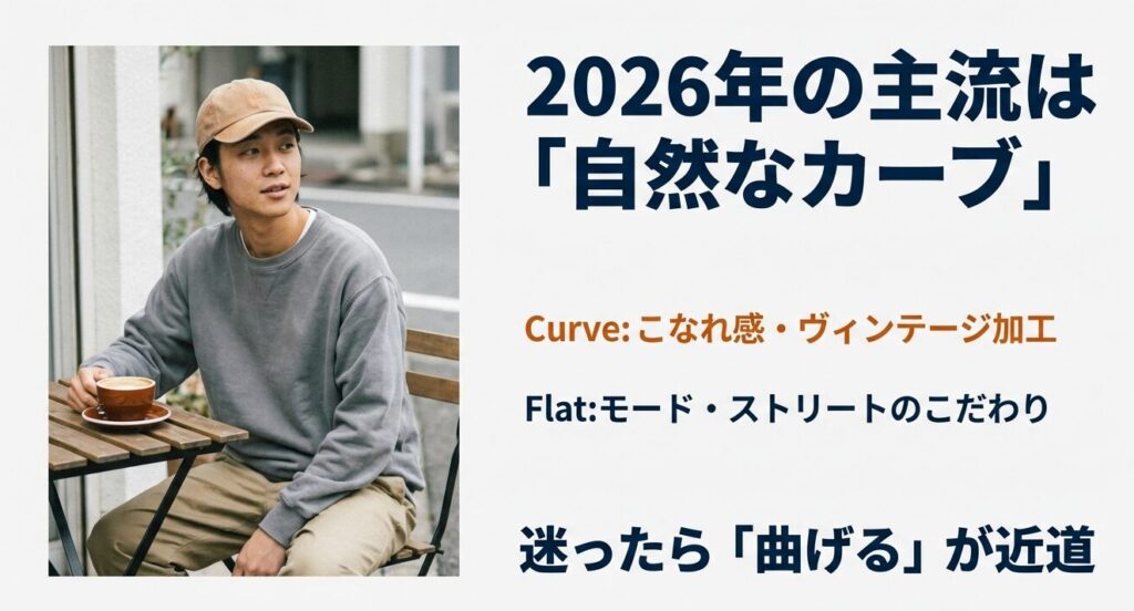 カーブバイザーのキャップを被ってコーヒーを飲む男性の画像と、CurveとFlatそれぞれのスタイル印象の違いを解説するテキスト