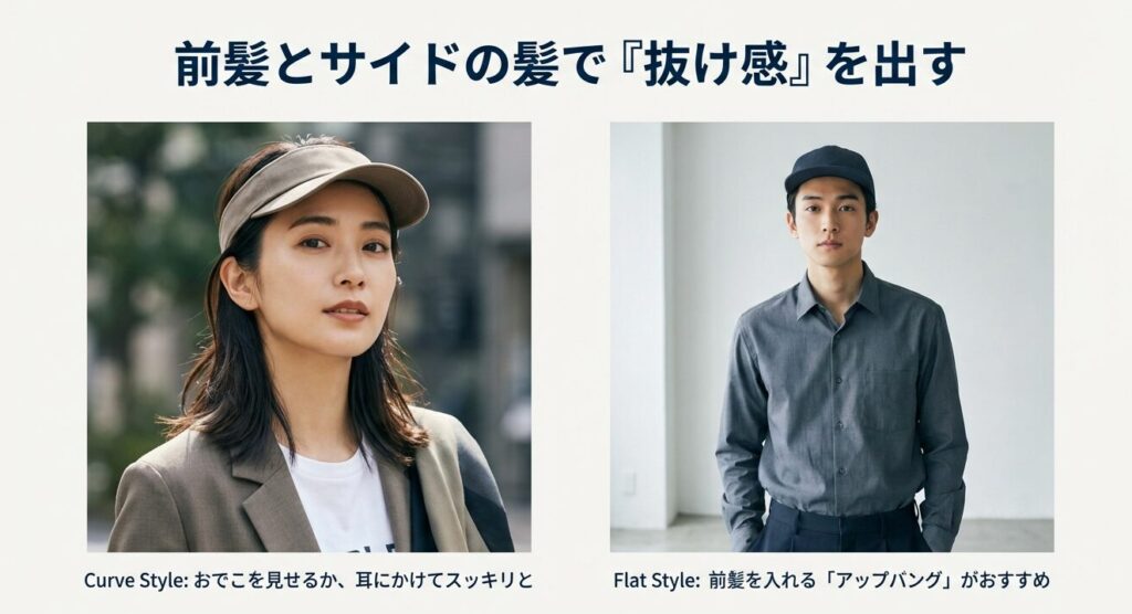 カーブバイザーとフラットバイザーそれぞれに適したヘアスタイル（耳かけ、アップバング）の男性・女性モデルの画像
