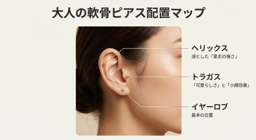 ヘリックス、トラガス、イヤーロブの位置とそれぞれの印象(意志の強さ、可愛らしさなど)を解説した耳の部位マップ