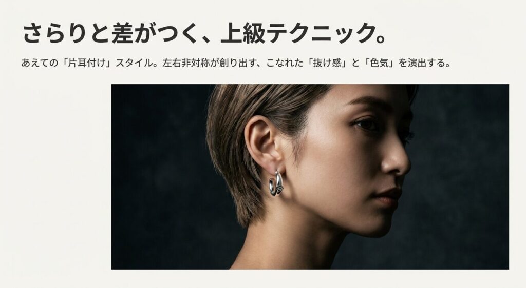 片耳だけにピアスをつけることで抜け感と色気を演出する上級テクニック