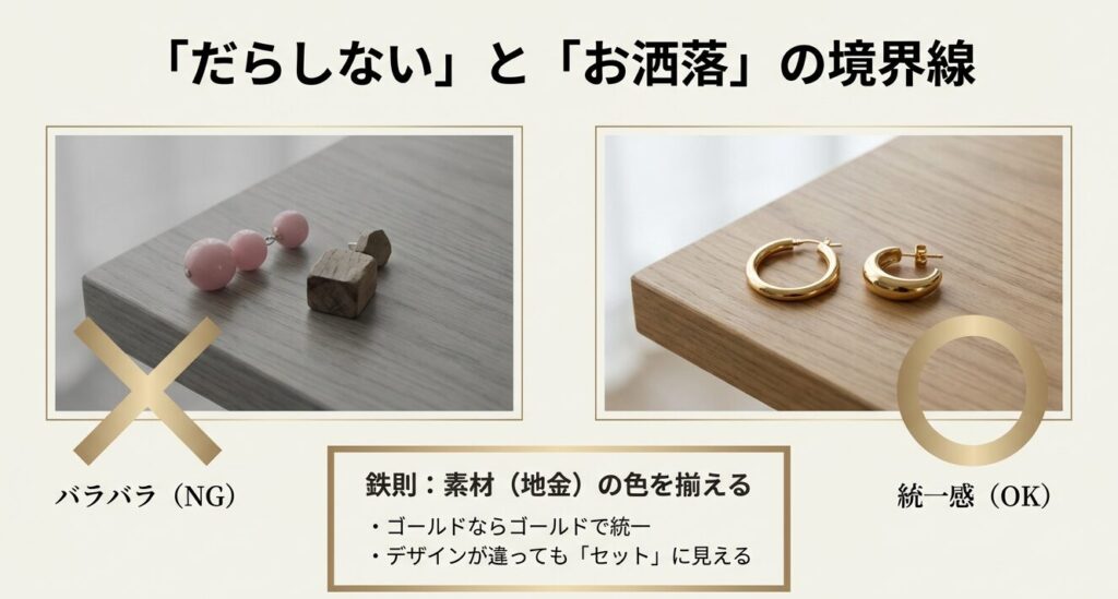 ピアスのNG例(バラバラな素材)とOK例(ゴールドで統一された素材)の比較画像。