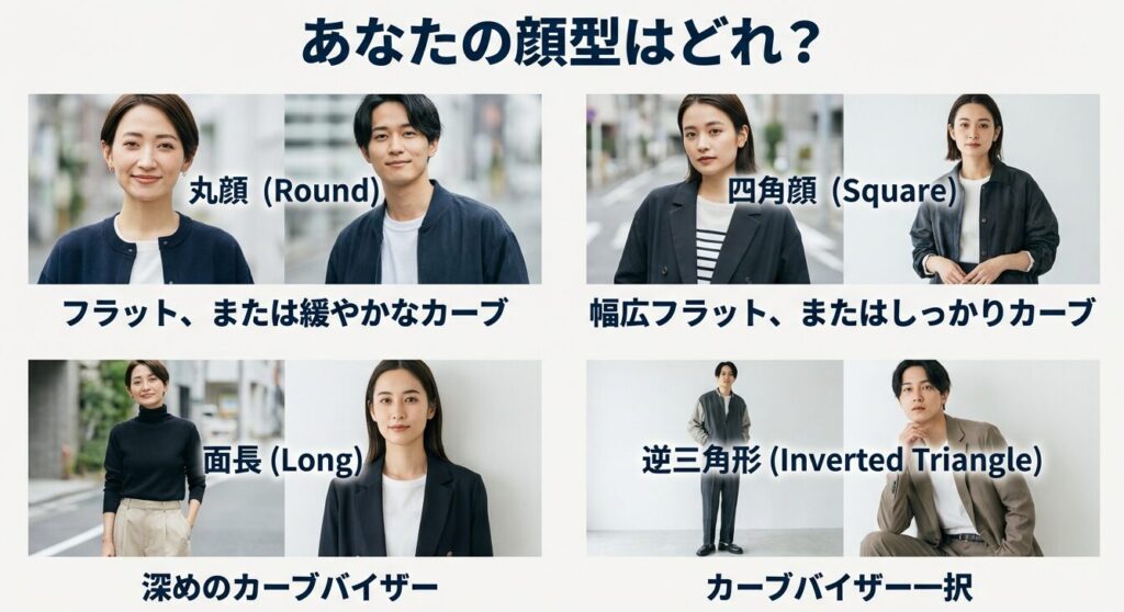 丸顔、四角顔、面長、逆三角形それぞれの顔型に似合うキャップのつばの形状（フラット・カーブ）を示した比較画像